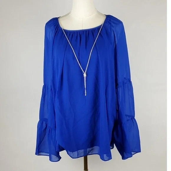 JM Collection Top Womens Large Blue Solid Tiered Bell Sleeve Gauze Blouse NWT - Picture 2 of 8